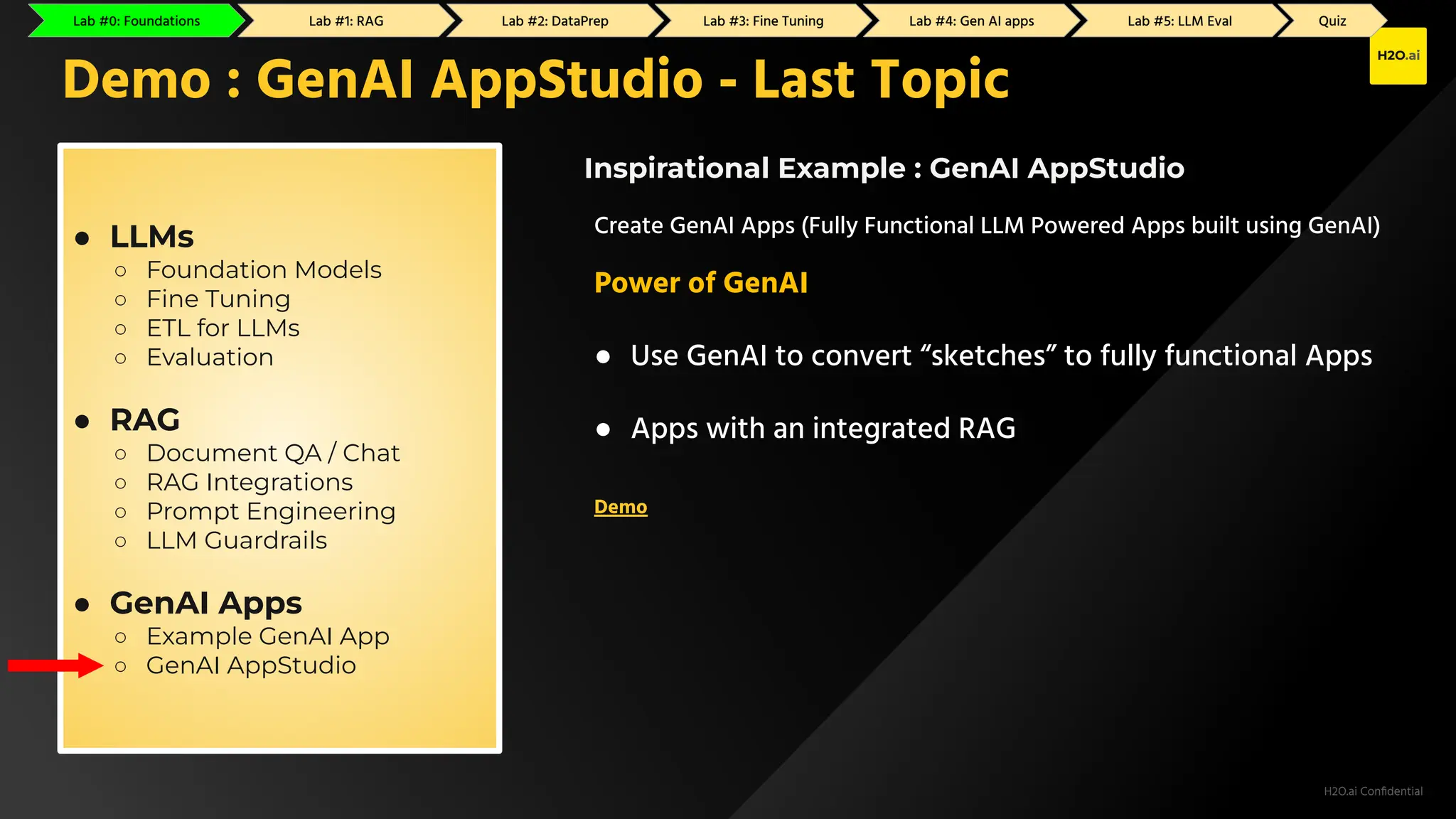H2O.ai Conﬁdential
● LLMs
○ Foundation Models
○ Fine Tuning
○ ETL for LLMs
○ Evaluation
● RAG
○ Document QA / Chat
○ RAG Integrations
○ Prompt Engineering
○ LLM Guardrails
● GenAI Apps
○ Example GenAI App
○ GenAI AppStudio
Demo : GenAI AppStudio - Last Topic
Inspirational Example : GenAI AppStudio
Create GenAI Apps (Fully Functional LLM Powered Apps built using GenAI)
Power of GenAI
● Use GenAI to convert “sketches” to fully functional Apps
● Apps with an integrated RAG
Demo
Lab #0: Foundations Lab #1: RAG Lab #2: GenAI Apps Lab #3: Fine Tuning Lab #4: DataPrep Lab #5: LLM Eval Quiz
Lab #0: Foundations Lab #1: RAG Lab #2: DataPrep Lab #3: Fine Tuning Lab #4: Gen AI apps Lab #5: LLM Eval Quiz
 