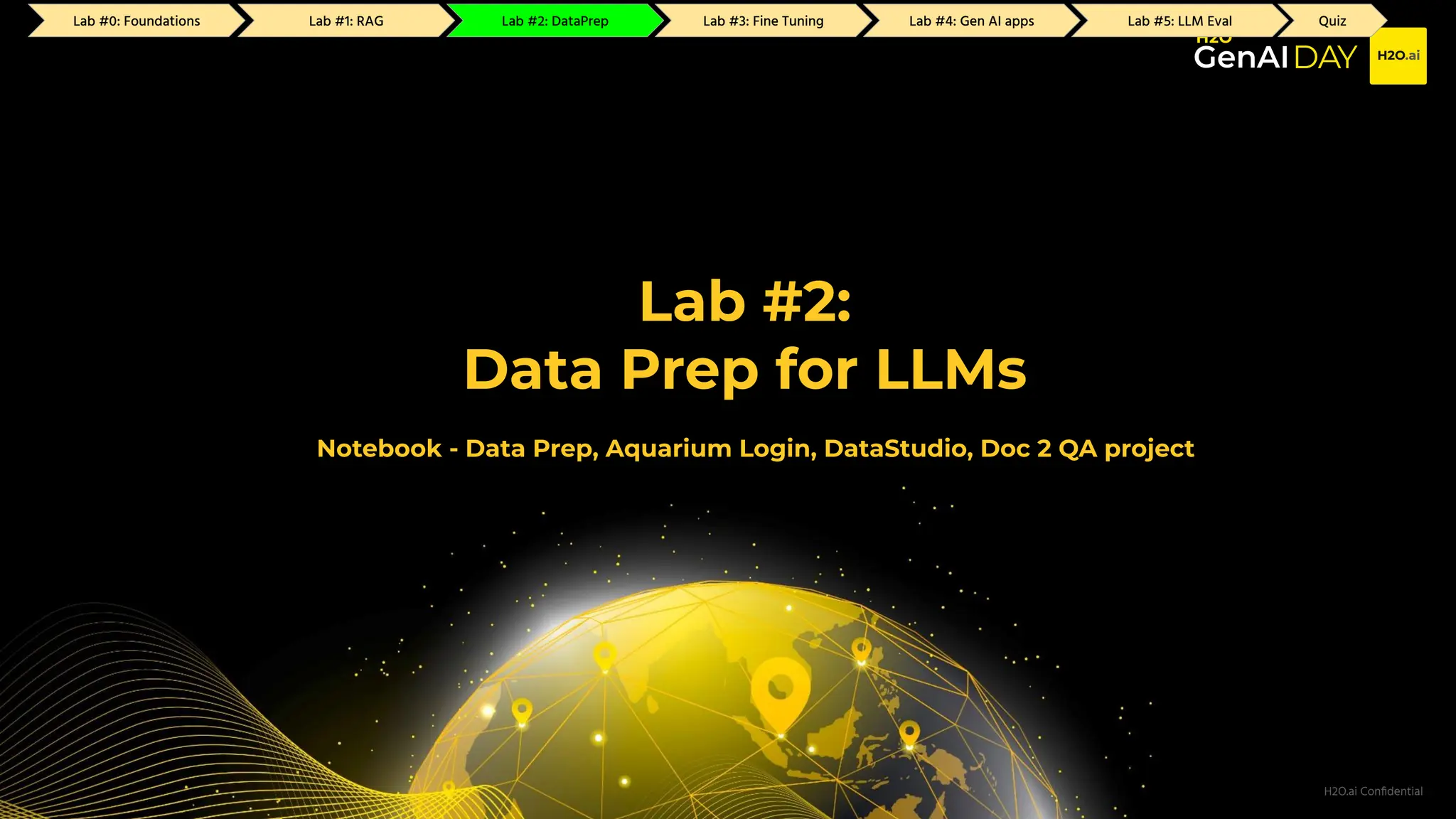 H2O.ai Conﬁdential
Lab #2:
Data Prep for LLMs
Notebook - Data Prep, Aquarium Login, DataStudio, Doc 2 QA project
Lab #2: DataPrep Lab #3: Fine Tuning Lab #4: Gen AI apps Lab #5: LLM Eval Quiz
Lab #0: Foundations Lab #1: RAG
 