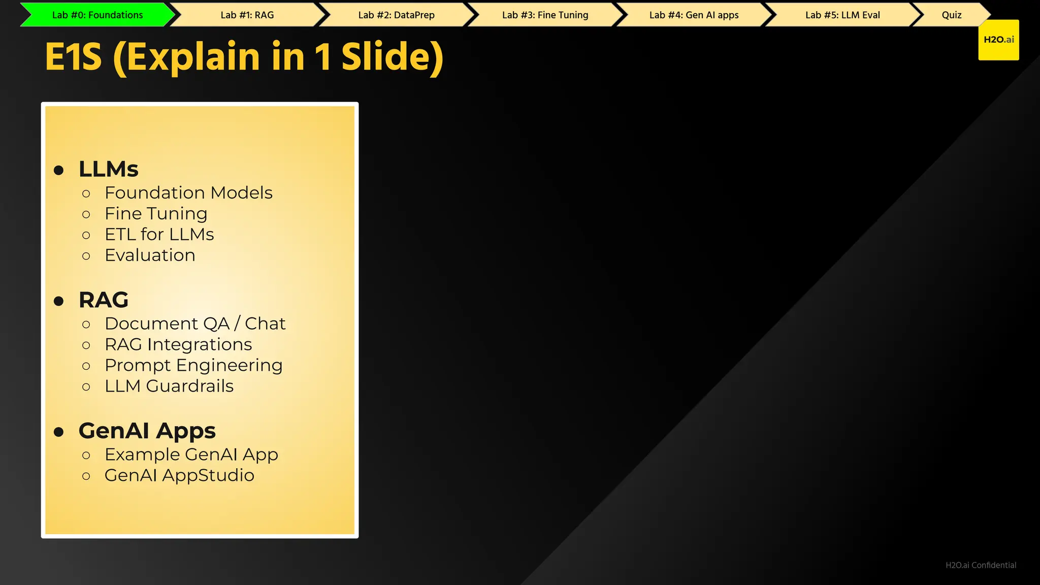 H2O.ai Conﬁdential
● LLMs
○ Foundation Models
○ Fine Tuning
○ ETL for LLMs
○ Evaluation
● RAG
○ Document QA / Chat
○ RAG Integrations
○ Prompt Engineering
○ LLM Guardrails
● GenAI Apps
○ Example GenAI App
○ GenAI AppStudio
E1S (Explain in 1 Slide)
Lab #0: Foundations Lab #1: RAG Lab #2: GenAI Apps Lab #3: Fine Tuning Lab #4: DataPrep Lab #5: LLM Eval Quiz
Lab #0: Foundations Lab #1: RAG Lab #2: DataPrep Lab #3: Fine Tuning Lab #4: Gen AI apps Lab #5: LLM Eval Quiz
 