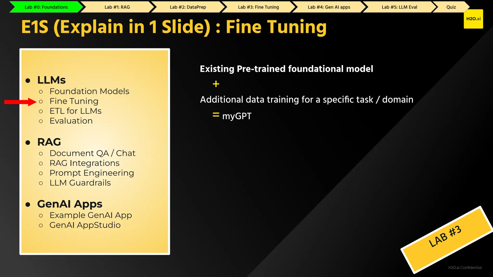H2O.ai Conﬁdential
Existing Pre-trained foundational model
+
Additional data training for a speciﬁc task / domain
= myGPT
E1S (Explain in 1 Slide) : Fine Tuning
LAB #3
● LLMs
○ Foundation Models
○ Fine Tuning
○ ETL for LLMs
○ Evaluation
● RAG
○ Document QA / Chat
○ RAG Integrations
○ Prompt Engineering
○ LLM Guardrails
● GenAI Apps
○ Example GenAI App
○ GenAI AppStudio
Lab #0: Foundations Lab #1: RAG Lab #2: GenAI Apps Lab #3: Fine Tuning Lab #4: DataPrep Lab #5: LLM Eval Quiz
Lab #0: Foundations Lab #1: RAG Lab #2: DataPrep Lab #3: Fine Tuning Lab #4: Gen AI apps Lab #5: LLM Eval Quiz
 