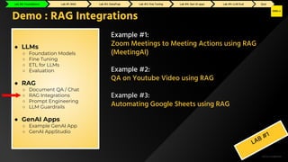 H2O.ai Conﬁdential
Example #1:
Zoom Meetings to Meeting Actions using RAG
(MeetingAI)
Example #2:
QA on Youtube Video using RAG
Example #3:
Automating Google Sheets using RAG
LAB #1
Demo : RAG Integrations
● LLMs
○ Foundation Models
○ Fine Tuning
○ ETL for LLMs
○ Evaluation
● RAG
○ Document QA / Chat
○ RAG Integrations
○ Prompt Engineering
○ LLM Guardrails
● GenAI Apps
○ Example GenAI App
○ GenAI AppStudio
Lab #0: Foundations Lab #1: RAG Lab #2: GenAI Apps Lab #3: Fine Tuning Lab #4: DataPrep Lab #5: LLM Eval Quiz
Lab #0: Foundations Lab #1: RAG Lab #2: DataPrep Lab #3: Fine Tuning Lab #4: Gen AI apps Lab #5: LLM Eval Quiz
 