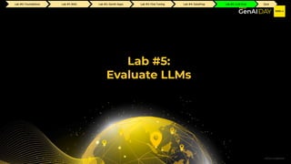 H2O.ai Conﬁdential
Lab #5:
Evaluate LLMs
Lab #2: GenAI Apps Lab #3: Fine Tuning Lab #4: DataPrep Lab #5: LLM Eval Quiz
Lab #0: Foundations Lab #1: RAG
 