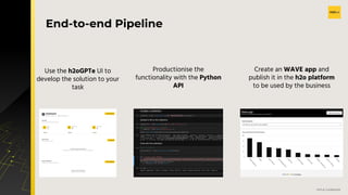 v
H2O.ai Conﬁdential
End-to-end Pipeline
Productionise the
functionality with the Python
API
Create an WAVE app and
publish it in the h2o platform
to be used by the business
Use the h2oGPTe UI to
develop the solution to your
task
 