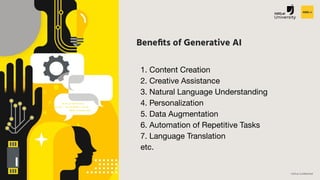 H2O.ai Conﬁdential
Beneﬁts of Generative AI
1. Content Creation
2. Creative Assistance
3. Natural Language Understanding
4. Personalization
5. Data Augmentation
6. Automation of Repetitive Tasks
7. Language Translation
etc.
 