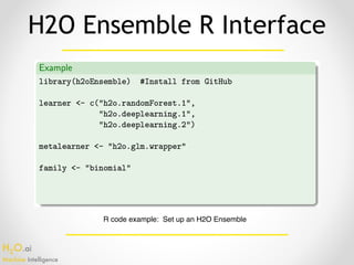 H2O.ai 
Machine Intelligence
H2O Ensemble R Interface
R code example: Set up an H2O Ensemble
 