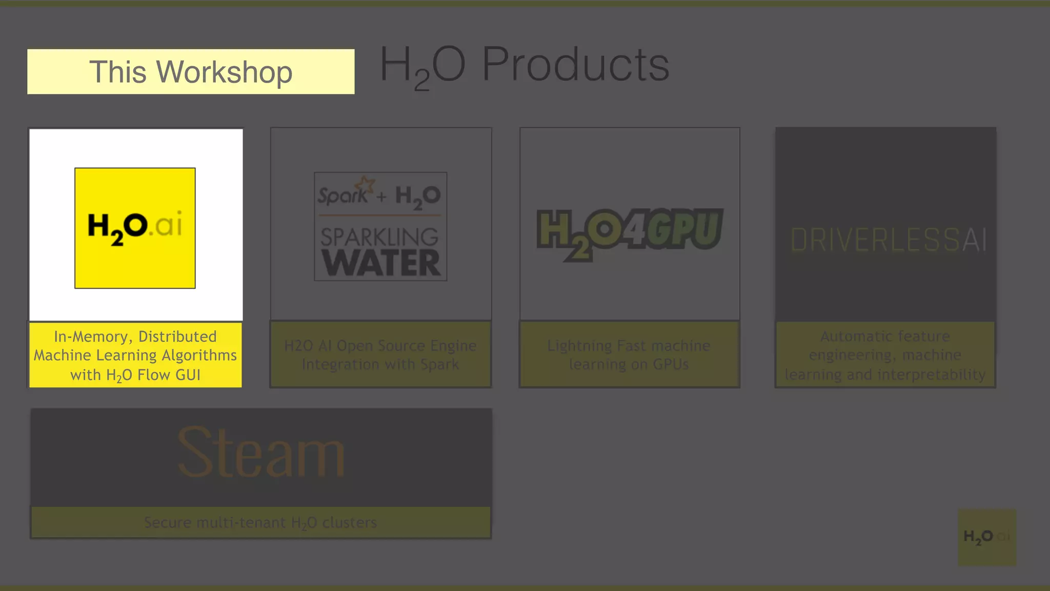 H2O Products
In-Memory, Distributed
Machine Learning Algorithms
with H2O Flow GUI
H2O AI Open Source Engine
Integration with Spark
Lightning Fast machine
learning on GPUs
Automatic feature
engineering, machine
learning and interpretability
Secure multi-tenant H2O clusters
In-Memory, Distributed
Machine Learning Algorithms
with H2O Flow GUI
This Workshop
 
