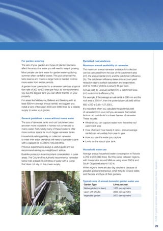 For garden watering                                             Detailed calculations
The size of your garden and types of plants it contains         Maximum annual availability of rainwater
affect the amount of water you will need to keep it growing.    The maximum annual rainwater available for collection
Most people use tank water for garden watering during           can be calculated from the size of the catchment area
summer when rainfall is lowest. This puts strain on the         (m2), the annual rainfall (mm) and the catchment efﬁciency
tank reserve and means a larger tank is needed to store         (%). The catchment efﬁciency takes into account yield
more water from wetter periods.                                 reduction due to surface saturation and evaporation,
A garden hose connected to a rainwater tank has a typical       and for most of Victoria is around 85 per cent.
ﬂow rate of 300 to 600 litres per hour, so we recommend         Annual yield (L) =annual rainfall (mm) x catchment area
you buy the biggest tank you can afford that ﬁts on your        (m2) x catchment efﬁciency (%).
property.                                                       For example, if the average annual rainfall is 600 mm and the
For areas like Melbourne, Ballarat and Geelong with at          roof area is 250 m2, then the potential annual yield will be:
least 600mm average annual rainfall, we suggest you             600 x 250 x 0.85= 127,500 L.
install a tank of between 4000 and 5000 litres for a reliable
                                                                It’s important when you calculate the potential yield
supply to water your garden.
                                                                of rainwater from your roof you are aware that certain
                                                                factors can contribute to a lower harvest of rainwater.
General guidelines – areas without mains water                  These include:
The size of rainwater tanks and roof catchment area             • Whether you can capture water from the entire roof
are even more important in homes not connected to                 catchment area
mains water. Fortunately many of these locations offer          • How often and how heavily it rains – annual average
more outdoor space for much bigger rainwater tanks.               rainfall can vary widely from year to year
Households relying entirely on collected rainwater              • How you use the water you capture
to meet their water demands will need to consider a tank
                                                                • Limits on the size of your tank.
with a capacity of 50,000 to 100,000 litres.
Previous experience is always a useful guide and we
recommend asking your neighbours’ advice.                       Household water use

Bushﬁre protection is an important consideration in outer       Average annual household water consumption in Victoria
areas. The Country Fire Authority recommends rainwater          is 209 kl (209,000 litres). But this varies between regions,
tanks hold at least 22,000 litres of water with a pump          with households around Mildura using about 550 kl and
                                                                                                                                H2OME A guide to permanent water savings in your home - Appendix


that does not rely on the power supply.                         South Gippsland around 150 kl.
                                                                Within regions there are also big variations because of
                                                                people’s personal behaviour, what they do to save water,
                                                                and the size and type of their gardens.


                                                                Typical rates of annual domestic garden water use
                                                                Garden Type                    Litres per year
                                                                Native garden (no lawn)        1000 per sq metre
                                                                Lawn with shrubs               3000 per sq metre
                                                                Vegetable garden               5000 per sq metre




                                                                                                                                             29
 