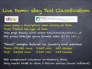 Live Demo: ebay Text Classification
Users enter a description when selling an item
Task: Predict the type of item
Data prep: Binary word vector 0,0,1,0,0,0,0,0,1,0,0,0,1,…,0
H2O parses SVMLight sparse format: label 3:1 9:1 13:1 …
!
“Small” sample dataset on jewelry and watches:
Train: 578,361 rows 8,647 cols 467 classes
Test: 64,263 rows 8,647 cols 143 classes
!
H2O compressed columnar in-memory store:
Only needs 60MB to store 5 billion entries (never inflated)
 