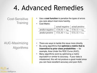 H2O.ai 
Machine Intelligence
4. Advanced Remedies
AUC-Maximizing
Algorithms
• There are ways to tackle this issue more directly.
• By using algorithms that optimize a metric that is
insensitive to prior class probabilities — for
example, Area Under the ROC Curve (AUC).
• Many algorithms work by optimizing a metric
equivalent or similar to accuracy. If your data is
imbalanced, this will not produce a good model since
you can have excellent accuracy and poor AUC.
Cost-Sensitive
Training
• Use a cost function to penalize the types of errors
you care about most more harshly.
• Cost Matrix:
 