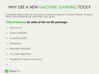2 
WHY USE A NEW MACHINE LEARNING TOOL? 
Available large-scale ML tools such as Apache Mahout, Vowpal Wabbit, Hadoop 
RMR, native Spark MLLib have their own issues. 
Critical Features for state-of-the-art ML package: 
 Ease of use 
 System reliability 
 In-memory (fast) 
 Distributed 
 Extensible (API/SDK) 
 Accurate algorithms 
 Visualization (data and results) 
 … 
 