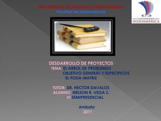 UNIVERSIDAD TECNOLOGICA INDOAMERICA Facultad de jurisprudencia       DESDARROLLO DE PROYECTOS TEMA:EL ARBOL DE PROBLEMAS                            OBJETIVO GENERAL Y ESPECIFICOS EL FODA-MATRIZ TUTOR: DR. HECTOR DAVALOS ALUMNO: NELSON R. VEGA Z.        VI SEMIPRESENCIAL           Ambato              2011 