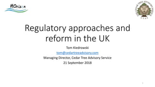 Regulatory approaches and
reform in the UK
Tom Kiedrowski
tom@cedartreeadvisory.com
Managing Director, Cedar Tree Advisory Service
21 September 2018
1
 