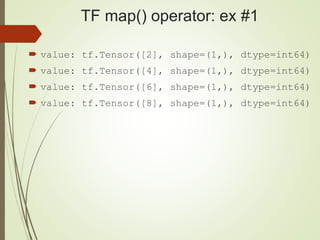 TF map() operator: ex #1
 value: tf.Tensor([2], shape=(1,), dtype=int64)
 value: tf.Tensor([4], shape=(1,), dtype=int64)
 value: tf.Tensor([6], shape=(1,), dtype=int64)
 value: tf.Tensor([8], shape=(1,), dtype=int64)
 