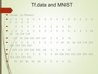 Tf.data and MNIST
 value: tf.Tensor(
 [[ 0 0 0 0 0 0 0 0 0 0 0 0 0 0
0 0 0 0
 0 0 0 0 0 0 0 0 0 0]
 [ 0 0 0 0 0 0 0 0 0 0 0 0 3 18
18 18 126 136
 175 26 166 255 247 127 0 0 0 0]
 [ 0 0 0 0 0 0 0 0 30 36 94 154 170 253
253 253 253 253
 225 172 253 242 195 64 0 0 0 0]
 [ 0 0 0 0 0 0 0 49 238 253 253 253 253 253
253 253 253 251
 93 82 82 56 39 0 0 0 0 0]
 