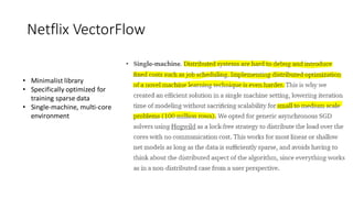 Netflix VectorFlow
• Minimalist library
• Specifically optimized for
training sparse data
• Single-machine, multi-core
environment
 