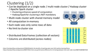 Clustering (1/2)
• Can be deployed on a single node / multi-node cluster / Hadoop cluster
/ Apache Spark cluster
• Clustering enhances speed of computation
• Hadoop/Spark for clustering is NOT mandatory
• Multi-node cluster with shared memory model
• All computation in-memory
• Each node sees only some rows of data
• No limit to cluster size
• Distributed Data Frames (collection of vectors)
• Columns are distributed (across nodes)
- https://stackoverflow.com/questions/47894205/which-the-benefits-of-sparking-water-over-h20-machine-learning-library
- https://stackoverflow.com/questions/48697292/is-there-any-performance-difference-for-ml-training-between-h2o-multi-node-clust/48697638#48697638
 