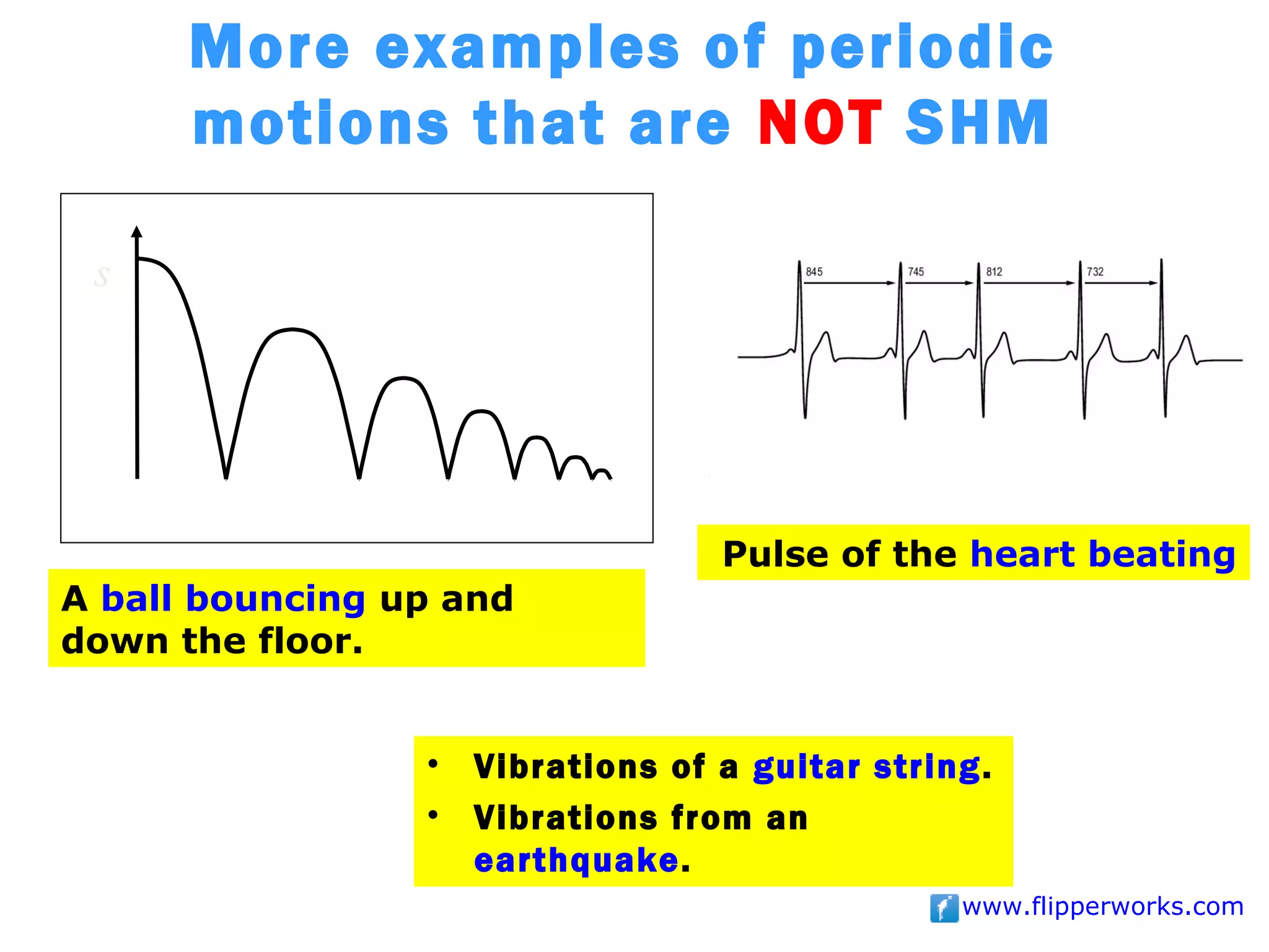 More examples of periodic
      motions that are NOT SHM

 s




                                   Pulse of the heart beating
A ball bouncing up and
down the floor.


                 •   Vibrations of a guitar string.
                 •   Vibrations from an
                     earthquake.
                                                 www.flipperworks.com
 