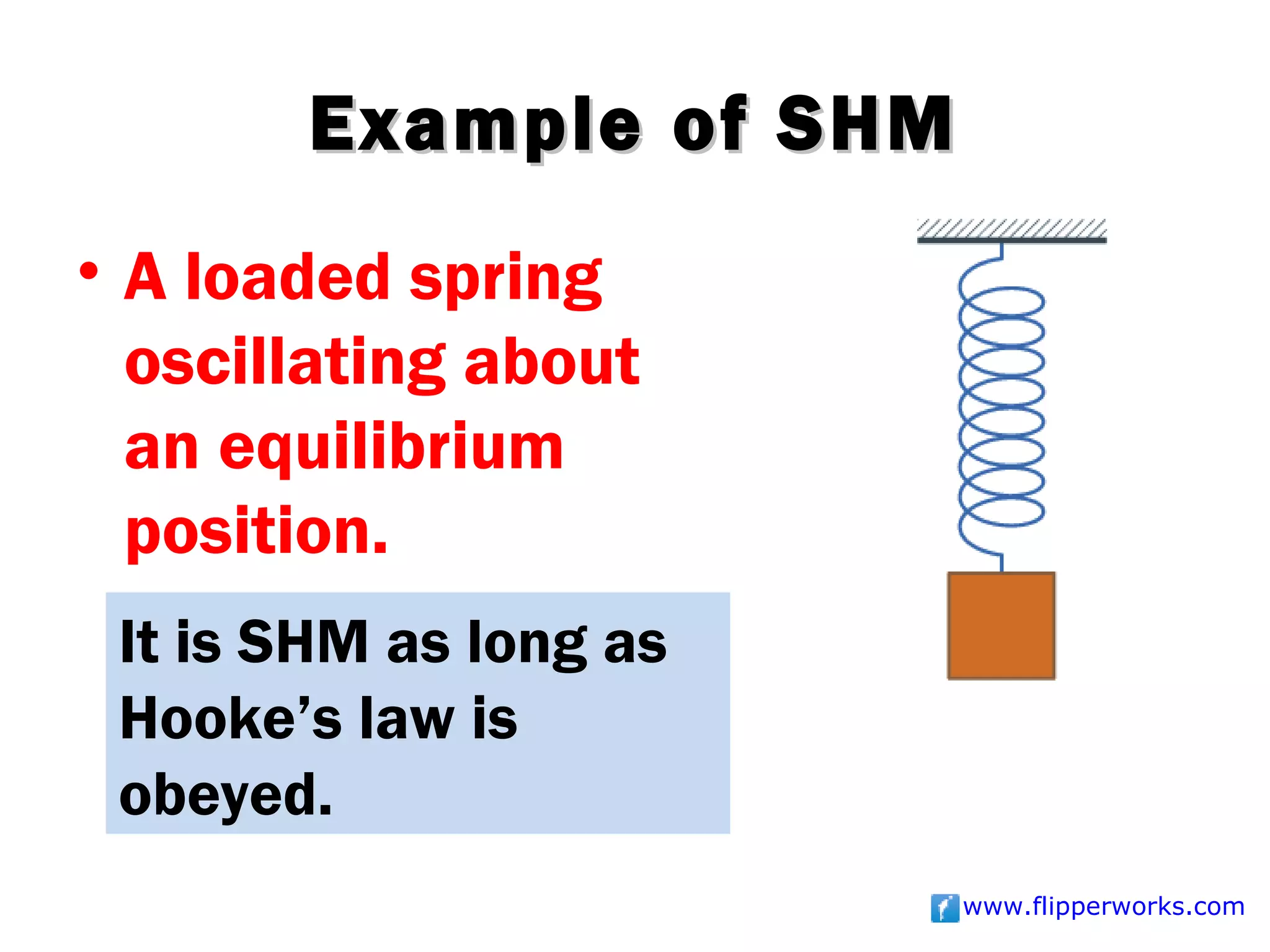 Example of SHM
• A loaded spring
  oscillating about
  an equilibrium
  position.
 It is SHM as long as
 Hooke’s law is
 obeyed.
                        www.flipperworks.com
 