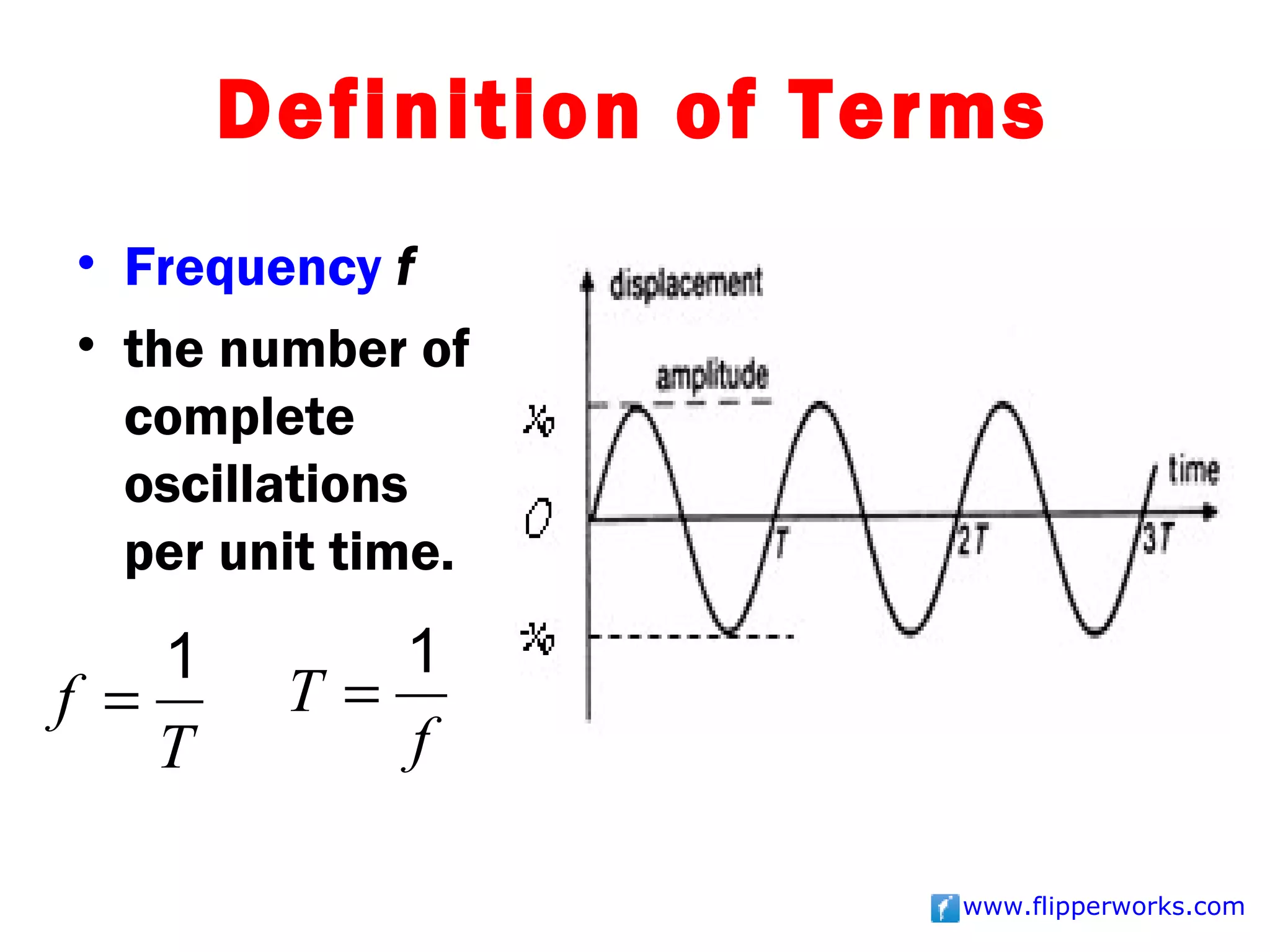 Definition of Terms
• Frequency f
• the number of
  complete
  oscillations
  per unit time.
    1       1
f =      T=
    T       f

                         www.flipperworks.com
 