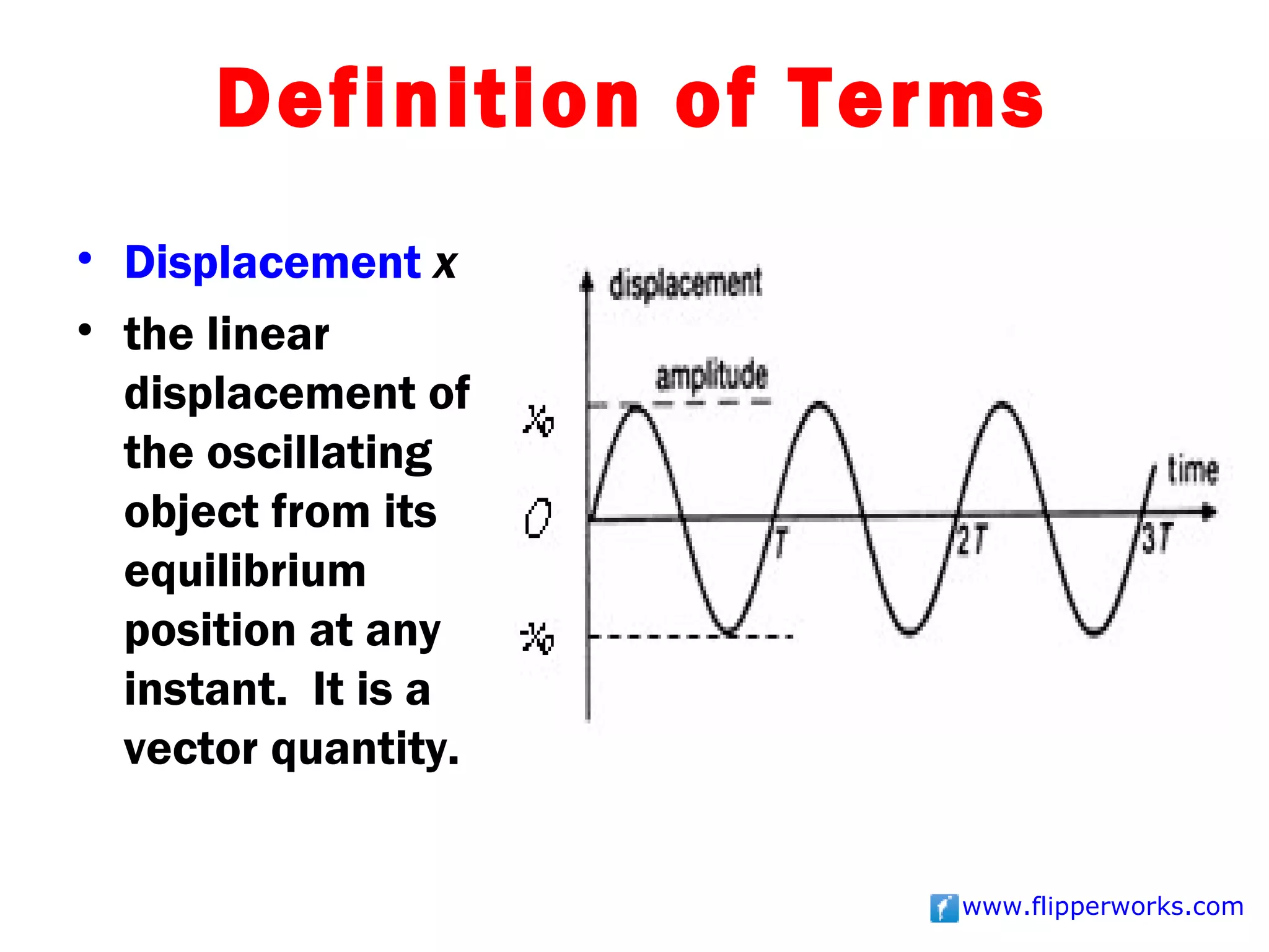 Definition of Terms
• Displacement x
• the linear
  displacement of
  the oscillating
  object from its
  equilibrium
  position at any
  instant. It is a
  vector quantity.


                       www.flipperworks.com
 
