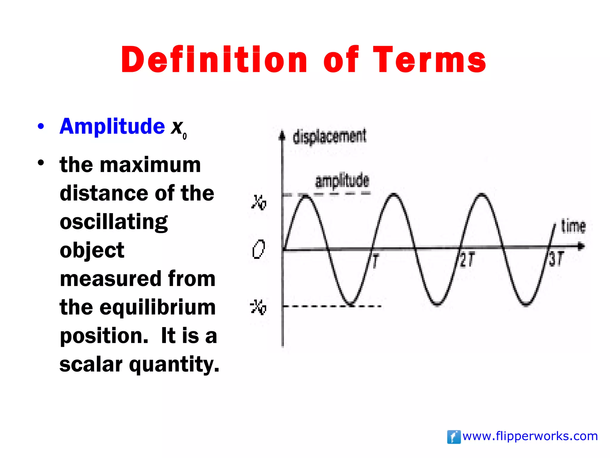 Definition of Terms
• Amplitude xo
• the maximum
  distance of the
  oscillating
  object
  measured from
  the equilibrium
  position. It is a
  scalar quantity.

                         www.flipperworks.com
 