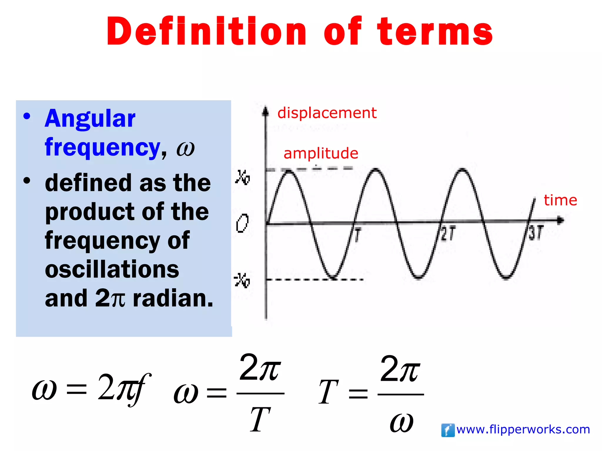 Definition of terms

• Angular          displacement

  frequency, ω     amplitude

• defined as the
                                               time
  product of the
  frequency of
  oscillations
  and 2π radian.

            2π            2π
ω = 2πf ω =            T=
            T             ω       www.flipperworks.com
 