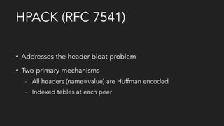 HPACK (RFC 7541)
• Addresses the header bloat problem
• Two primary mechanisms
- All headers (name=value) are Huffman encoded
- Indexed tables at each peer
 