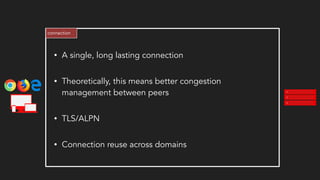 connection
• A single, long lasting connection
• Theoretically, this means better congestion
management between peers
• TLS/ALPN
• Connection reuse across domains
 