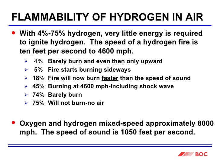 FLAMMABILITY OF HYDROGEN IN AIR <ul><li>4 % Barely burn and even then only upward </li></ul><ul><li>5% Fire starts burni...