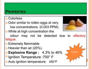 PROPERTIES
 Colorless
 Odor similar to rotten eggs at very
low concentrations (0.003 PPM).
 While at high concentration the
odour may not be detected due to olfactory
fatigue.
 Extremely flammable
 Heavier than air (20%).
 Explosive Range : 4.3% to 46%
 Ignition Temperature :700° F
 Auto ignition temperature: 450°F
Explosio
n
 