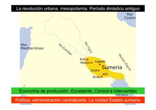 La revolución urbana. mesopotamia. Período dinástico antiguo
Economía de producción. Excedente, Control e intercambio
24
Economía de producción. Excedente, Control e intercambio
Política: administración centralizada. La ciudad Estado sumeria
 