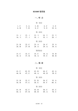 H31005 - 20 
H31005 
һ  
һ 
1F 2A 3B 4C 5E 
6B 7D 8C 9E 10A 
ڶ 
11 12 13 14 15 
16 17 18 19 20 
 
21B 22C 23A 24C 25A 
26B 27B 28A 29A 30A 
Ĳ 
31C 32C 33C 34A 35B 
36A 37B 38A 39C 40B 
  
һ 
41F 42D 43B 44C 45A 
46B 47C 48A 49D 50E 
ڶ 
51B 52F 53D 54C 55A 
56B 57C 58E 59F 60A 
 
61B 62C 63B 64C 65C 
66A 67B 68B 69A 70C 
 