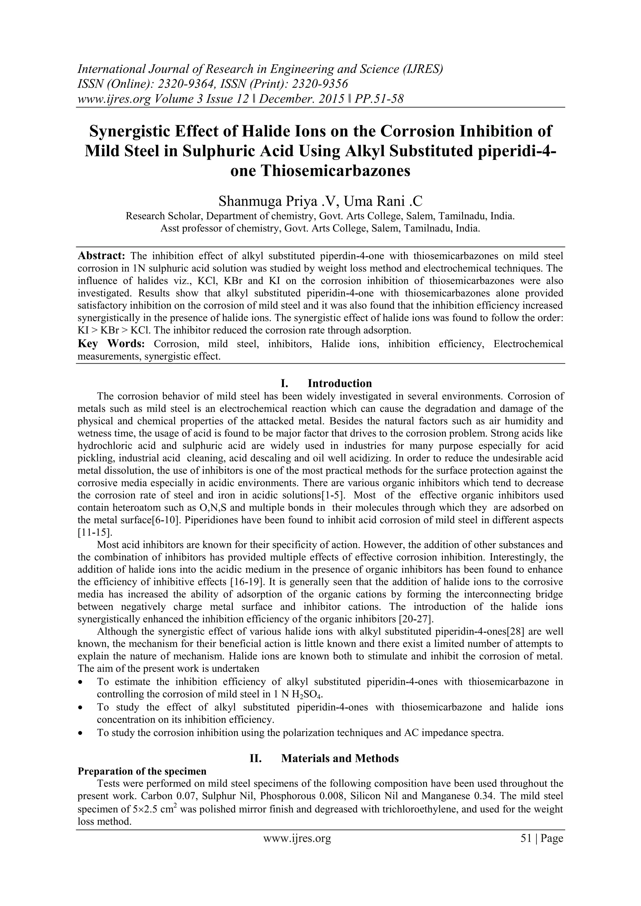 Synergistic Effect of Halide Ions on the Corrosion Inhibition of Mild ...