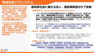 18
• 地域包括ケア（Integrated Community Care System)
• 「ニーズに応じた住宅が提供されることを基本とした上で、生活上の
安全・安心・健康を確保するために、医療や介護のみならず、福祉
サービスを含めた様々な生活支援サービスが日常生活の場（日常生活
圏域）で適切に提供できるような地域での体制」（厚生労働省 平成20
年・21年地域包括ケア研究会）
• 簡単に言うと「高齢者になっても自分の住み慣れた地域で住み続けら
れるよう、提供主体・施設の壁を越えた連携を通じて、『医療』『介
護』『介護予防』『生活支援』『住まい』を提供する体制」
• なぜ今、必要なのか？
• 2025-35年に到来する超高齢化社会に備えるため、従来「施設」中心で
あった従来の提供体制を「在宅」中心に切り替える必要があるため。
その実現には、提供主体・施設を超えた連携が必須となる
• 関連キーワード
地域包括ケアシステムとは、超
高齢化社会に備えるために必要
となる、提供主体・施設の壁を
越えた連携を通じて、『医療』
『介護』『介護予防』『生活支
援』『住まい』を統合的に提供
する医療/介護/ヘルスケアサー
ビスの提供体制を意味する
デジタルヘルスの文脈では、
一貫性あるケアを提供するため
の複数の法人・施設の情報連携、
患者・医療者に対して限られた
医療・介護資源を効率的・効果
的に提供するサービスなどが
関連が深い
地域包括ケアシステム
超高齢社会に備える法人・施設横断型のケア体制
急性期 回復期 慢性期 維持期 在宅医療/介護 遠隔医療/介護
有料老人ホーム サービス付き高齢者向け住宅 予防医療/介護予防 生活支援
地域医療・介護連携 多職種連携 退院支援 定期巡回 総合事業
Source: 厚生労働省/三菱UFJリサーチ＆コンサルティング「地域包括ケア研究会」
http://www.murc.jp/sp/1509/houkatsu/houkatsu_01.html
 