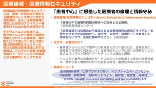 21
• 医療倫理/医療情報セキュリティ(Health Ethics/Health Information Security)
• 「医療の中で倫理的問題の解決への指針となる原則」
（医療教育情報センター）
• 「医療倫理と社会通念から要請される診療情報等の患者プライバシーを
脅かすさまざまな脅威から、機密性・完全性・可用性（三大要件）の
確保を行いつつ、正常に維持すること」（独自定義）
• なぜ今、必要なのか？
• 異業種からヘルスケア業界への新規参入が日々進むなか、医療現場で
医療者が日常的に向き合っている倫理的ジレンマ状況への理解なくして、
適切なプロダクト開発やマーケティングは極めて困難
• ヘルスケア業界の当事者がサービス提供のため取得する患者の診療情報
は、数ある個人情報のなかでも最も秘匿性・重要性の高いものである
• 関連キーワード
医療倫理/医療情報セキュリティ
とは、医療・介護現場で発生す
る倫理的ジレンマ状況に対する
対応指針、あるいは医療倫理に
根差した患者のプライバシー確
保を行うための営みを意味する
デジタルヘルスの文脈では、
既存のヘルスケア業界で暗黙の
常識とされている倫理感、諸外
国と比べて進んでいるとは言い
難い医療情報セキュリティの
現状と最新の政策議論に対する
理解は、プロダクト開発/医療業
界向けマーケティングの大前提
となる重要なトピックである
医療倫理・医療情報セキュリティ
「患者中心」に根差した医療者の倫理と情報守秘
生命倫理4原則 ヒポクラテスの誓い インフォームド・コンセント
守秘義務 診療情報 3省4ガイドライン 機密性 完全性 可用性
HIPPA（Health Insurance Portability and Accountability Act）
Source:日本医師会「医の倫理の基礎知識」、神戸大学大学院法学研究科 丸山英二氏「倫理」
http://www.med.or.jp/doctor/member/001014.html、 http://www2.kobe-u.ac.jp/~emaruyam/medical/Lecture/slides/120707painclinic6.pdf
 