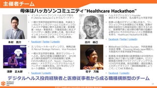 主催者チーム
39
デジタルヘルス投資経験者と医療従事者から成る職種横断型のチーム
母体はハッカソンコミュニティ”Healthcare Hackathon”
• インキュベイトファンド ヘルスケア担当
IF Lifetime Venturesジェネラルパートナー
• 一橋大学商学部経営学科卒業後、外資系コ
ンサルティングファームにて公共インフラ/
ヘルスケア領域に関する政策立案・新規事
業・M&A・事業再生・不動産投資に係るア
ドバイザリー業務に従事した後、独立系VC
インキュベイトファンドにてベンチャー
投資・支援業務に従事。 H³共同企画者。
• Facebook | Twitter | LinkedIn木村 亮介 古川 由己
• ヘルスケアハッカソン Founder
東京大学工学部卒、名古屋市立大学医学部
• 医療×広義のデザインに関心があり、ワー
クショップや北米視察などを実施。医療が
病院完結型から地域完結型に移行するため
に、医療専門家と他分野の専門家の協働が
必要なのにその文化がないことに問題意識
を持ち、Healthcare Hackathonを企画。
• Facebook | Twitter | LinkedIn
淺野 正太郎
• 元 リクルートホールディングス、戦略企画
元 Recruit Strategic Partners、Vice President
• 一橋大学法学部卒業後、新卒でリクルート
へ入社。国内の営業/企画職を経て、2012年
より海外投資部門での投資業務に従事。
CVCのUS拠点立上げ、Noom・ClassPass・
eWeLL・メドケアといったデジタルヘルス
ベンチャー投資を担当。2017年4月にリク
ルート退職後、H³を共同企画。
• Facebook | LinkedIn
荘子 万能
• ㈱MedFeed CEO&co-founder、予防医療普
及協会 理事、Choosing Wisely Japan発起人、
大阪医科大学医学部医学科6回生。
• 医療者/非医療者間の医療情報の非対称性の
解消に向けて様々な分野で活動中。ピロリ
菌検査の啓発クラウドファンディングでは、
1374万円を調達。総合診療医・徳田安春氏
とのポッドキャスト「徳田闘魂道場によう
こそ」にてMCを務める。
• Facebook | LinkedIn
 