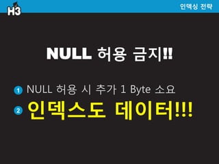 인덱싱 전략




      NULL 허용 금지!!

1   NULL 허용 시 추가 1 Byte 소요
2
    인덱스도 데이터!!!
 