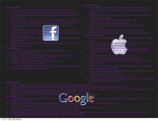 Responsibilities
   Responsibilities                                                                      ■  Partner with product managers, fellow designers, and engineers to
    ■   Conduct user research on multiple Facebook products and experiences                 drive to the heart of a complex problem space and articulate clear
    ■   Collect and analyze user behavior data through a variety of channels, such          requirements.
        as user testing, semi-formal interviews, observation, surveys, A/B testing       ■  Synthesize business, technology, and user needs and envision smart,
        and log analysis                                                                    holistic design solutions.
    ■   Work cross-functionally with Design, Product Management and Engineering          ■  Bring ideas to life with compelling vision pieces and
        to incorporate user-centered research at all stages of the product cycle            crystal clear writing and verbal communication.
    ■   Proactively design studies intended to understand user behavior and              ■  Produce highly usable designs for desktop, web, and mobile
        attitudes                                                                           environments.
    ■   Collaborate with Content Strategy to measure the impact of copy changes          ■  Be the voice of the user and the spokesperson for usability.
    ■   Study and analyze the user experience on the site through a wide variety of      ■  Collaborate and iterate across functions to bring vision to fruition.
        qualitative methods                                                            Experience and Skills
    ■   Recommend and run appropriate A/B tests (or other) to measure the impact         ■  Minimum 5 years in the industry as a member of an Experience Design
        of site changes                                                                     team.
    ■   Effectively communicate results and illustrate suggestions to product teams      ■  In-market examples of successful experience design, and experience in
        through clear writing                                                               every phase of the product development lifecycle.
   Requirements                                                                          ■  Intimate understanding of design heuristics and examples of great,
    ■   3-5 years experience in conducting user experience research                         usable design solutions for Windows, Macintosh, web, and mobile
    ■   Clear written and verbal communicator                                               products.
    ■   Detail oriented and able to manage multiple project simultaneously               ■  Experience working with or leading user research;
    ■   Experience working with User Experience teams                                       ability to translate user goals and behaviors into designs.
    ■   Excellent command of qualitative research methods                                ■  Strong visual design skills and ability to create pixel-perfect comps,
    ■   Experienced with rapid prototyping                                                  when necessary
    ■   B.A/B.S. (M.S. Preferred) in Computer Science, Human Computer Interaction,       ■  Ability to assess technology constraints and opportunities, and adjust
        Experimental Psychology, or a related ﬁeld                                          design approaches accordingly.
                                                                                         ■  Ability to create workﬂow diagrams, wireframes, and mock-ups rapidly
                                                                                            and at an appropriate level of ﬁdelity.
                                                                                         ■  Excellent interpersonal and communication skills.
                                                                                         ■  Careful attention to detail and the ability to prioritize and manage work
                                                                                            to adhere to critical project timelines.
   Responsibilities:
    •   Conduct independent research on multiple aspects of how users experience online search.
    •   Collect and analyze user behavior through server logs, online experiments (A/B testing), benchmark studies, lab studies, and surveys.
    •   Work with designers, product managers, engineers, and research managers to prioritize research opportunities in a fast-paced, rapidly changing environment.
    •   Understand and incorporate complex technical and business requirements into research.
    •   Evangelize research ﬁndings to diverse audiences through written reports and oral presentations.
   Requirements:
    •   An advanced degree preferred in computer science, human computer interaction, cognitive science, experimental psychology, anthropology, information
        science or related ﬁeld.
    •   At least 3 years of work experience in an applied research setting. Internet, search, and advertising experiences are a plus.
    •   Experience integrating user research into product designs and design practices
    •   Experience with SQL, Python, SPSS and remote usability testing tools, such as Keynote or UserZoom, is a plus.
    •   Excellent interpersonal, communication, negotiation, and collaborate skills.
    •   Strong understanding of strengths and shortcomings of different research methods, including when and how to apply them during each product phase.
    •   Excellent working knowledge of statistics and the principles of experiment design.

11년	 11월	 29일	 화요일
 