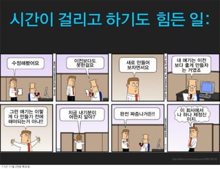 시간이 걸리고 하기도 힘든 일:

                      이전보다도     새로 만들어        내 얘기는 이전
      수정해봤어요          못한걸요                    보다 좋게 만들자
                                보자면서요
                                                는 거였죠




    그런 얘기는 이렇        지금 내기분이                     이 회사에서
                               완전 짜증나거든!!       나 하나 제정신
    게 다 만들기 전에       어떤지 알아?                       이지.
    해야되는거 아냐!!




                                            http://dilbert.com/strips/comic/2007-09-23/


11년	 11월	 29일	 화요일
 