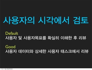 사용자의 시각에서 검토
       Default
       사용자 및 사용자목표를 확실히 이해한 후 리뷰

       Good
       사용자 데이터와 상세한 사용자 태스크에서 리뷰



11년	 11월	 29일	 화요일
 