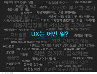 트렌드에 밝고 견문이 넓은                    관찰력이 뛰어난             널리 이롭게하는
                     UI검증 및 제안 객관적인
         좋은 UI를 제시하는                        사용자 분석과 조사
                       검사하는    사용자친화적인 UI를 고민하는
        사용성을 검수하는                        사용자가 어떻게 쓸지 파악하고 적용하는
    사용자입장에서 접근하는                  기획과 디자인의 중간역할 (커뮤니케이터)
                 사용자입장에서 서비스를 고려하는
    사용자행동이나 성향을 분석하는                   사용자와 서비스담당자간을 연결하는

              디테일한            UX는 어떤 일?                    중립을 지키는
                               UX와 협업하는 kth 동료들에게 질문
   조언하고 지원하는
              최적의 서비스를 제공하기 위해 연구하는         자꾸 고치라고 하는
   까다로운                      서비스 가치를 사용자경험으로 연결시키는
                     서비스가 잘 만들어지도록 인도하는                개발자를 괴롭히는
      신중한
                       치밀한    작은 것까지 집착하는
         꼼꼼한                  직접대면한 적 없는                  깨알같은 걸 지적하는
                       적극적인
       논리정연한            설득을 잘하는         근거가 명확하지 않은
                                               다양한 시각을 제시하는
      섬세한               비현실적인        어려운 요구사항을 던지는
11년	 11월	 29일	 화요일
 