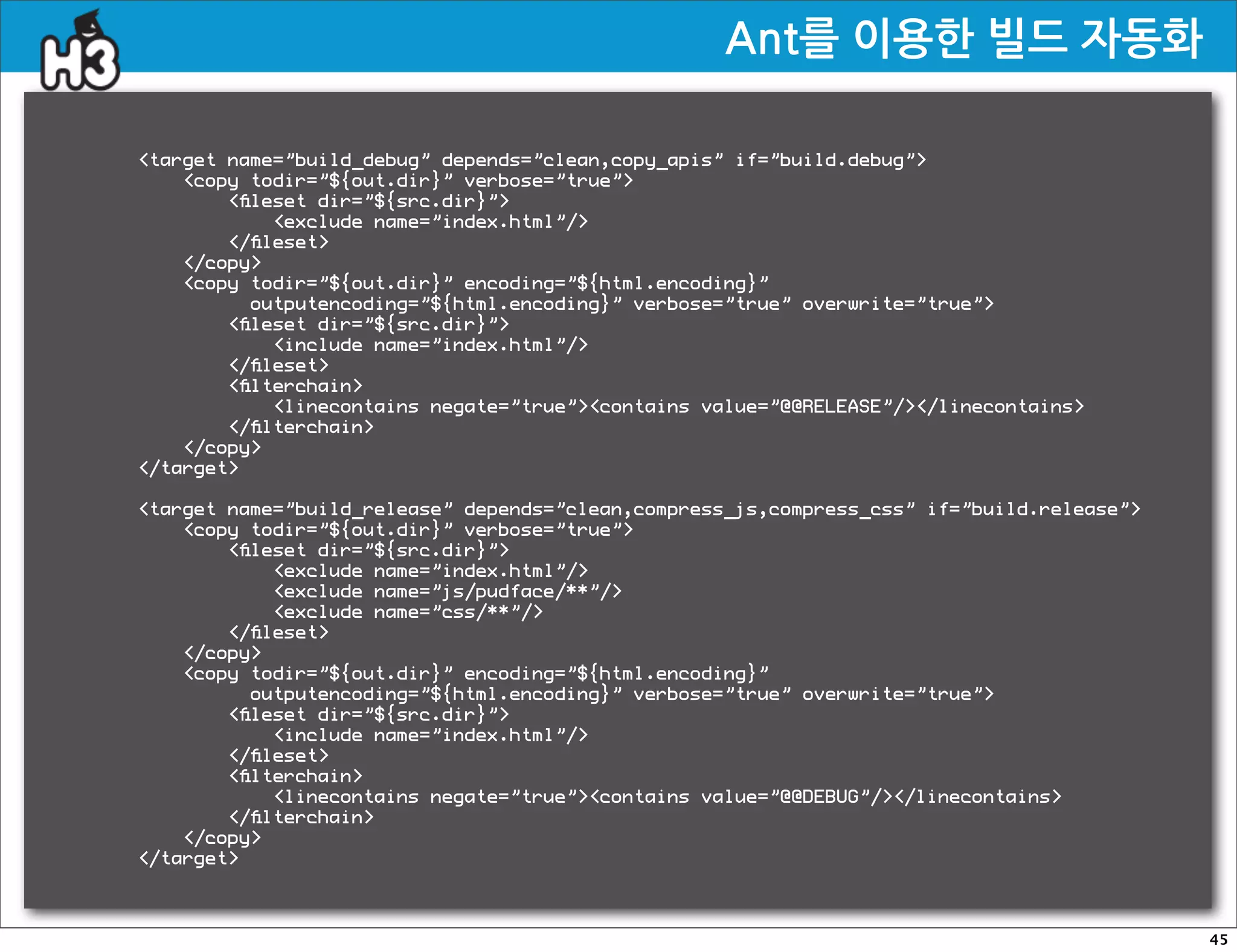 Ant를이용한빌드자동화

target name=”build_debug” depends=”clean,copy_apis” if=”build.debug”
    copy todir=”${out.dir}” verbose=”true”
        ﬁleset dir=”${src.dir}”
            exclude name=”index.html”/
        /ﬁleset
    /copy
    copy todir=”${out.dir}” encoding=”${html.encoding}”
          outputencoding=”${html.encoding}” verbose=”true” overwrite=”true”
        ﬁleset dir=”${src.dir}”
            include name=”index.html”/
        /ﬁleset
        ﬁlterchain
            linecontains negate=”true”contains value=”@@RELEASE”//linecontains
        /ﬁlterchain
    /copy
/target

target name=”build_release” depends=”clean,compress_js,compress_css” if=”build.release”
    copy todir=”${out.dir}” verbose=”true”
        ﬁleset dir=”${src.dir}”
            exclude name=”index.html”/
            exclude name=”js/pudface/**”/
            exclude name=”css/**”/
        /ﬁleset
    /copy
    copy todir=”${out.dir}” encoding=”${html.encoding}”
          outputencoding=”${html.encoding}” verbose=”true” overwrite=”true”
        ﬁleset dir=”${src.dir}”
            include name=”index.html”/
        /ﬁleset
        ﬁlterchain
            linecontains negate=”true”contains value=”@@DEBUG”//linecontains
        /ﬁlterchain
    /copy
/target



                                                                                            45
 