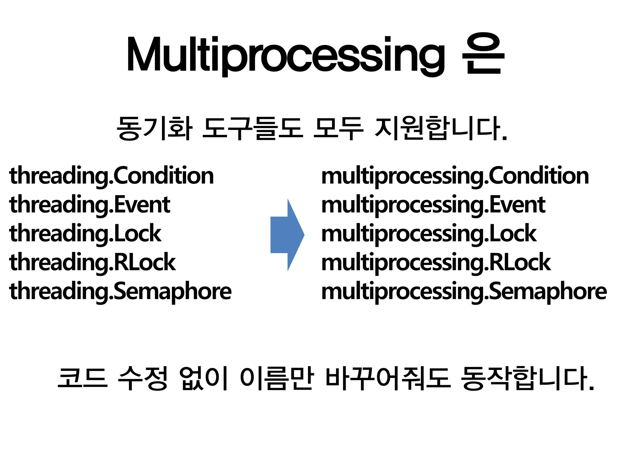 Multiprocessing 은
         동기화 도구들도 모두 지원합니다.
threading.Condition   multiprocessing.Condition
threading.Event       multiprocessing.Event
threading.Lock        multiprocessing.Lock
threading.RLock       multiprocessing.RLock
threading.Semaphore   multiprocessing.Semaphore


    코드 수정 없이 이름만 바꾸어줘도 동작합니다.
 