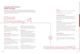 23 24
Awards
[2017] the “OSCAR Cloud Computing Open
Source Technology Innovation Award”
[2016] “2015-2016 China Top Brand Award”, the
core award of “Top Cloud Connect Awards” in
Cloud Connect China
Business Capability
H3Cloud solution was one of those which passed
the solutions certification of trusted cloud and
open source cloud.
Great Breakthrough
H3C CAS virtualization software breaks the record
of global SPECvirt virtualization test.
H3C CAS (Cloud Automation System) got the
highest 2438@137vm with 26 tiles testing by
SPEC virt_sc ®
2013
The SPEC virt_sc ®
2013 benchmark suites are
used to measure performance of virtualized
platforms. These benchmark suites are targeted
Awards
[2017] SDN solutions won the “2017 SDN Solution Technology
Lead Award”
[2017] H3C UIS won CCBN Annual Innovation Award
Competence Certification
In 2017, nearly 100 projects, including the full range AP with
802.11ac Wave2, IoT AP, Comware software platform, and oasis
platform of H3C passed the test of China Telecommunication
Technology Labs.
Best Practices
Provide network solutions for urban construction, colleges and
universities, enterprises, and important activities:
Build nearly 60 wireless cities
Help Shandong University, Huazhong University of Science and
Technology, and Hong Kong University to build smart campus
Promote Tencent IT infrastructure upgrading
Provide network service support for the 4th Internet Security
Conference, World Internet Conference, and G20 Hangzhou
Summit
Industry Application
Various cases applied ADDC solutions to service providers,
finance, government, enterprises, and so on.
vBRAS is widely deployed in Jiangsu Telecom, Shanghai
Telecom, Zhejiang Telecom, Fujian Telecom, and Guangdong
mobile.
Innovation and Practice of
Digital Technology
Customers acquire core competencies of having Smart business decision-making capabilities, achieving
more Timely business response, realizing more Agile business deployment, ensuring more Reliable business
continuity, and operating in a Safe business environment (collectively, referred to as STARS), thus ultimately
facilitating their successful Digital Transformation.
for use by hardware vendors, virtualization
software vendors, application software vendors,
datacenter managers, and academic researchers.
Best Practices
Provide cloud services to all walks of life and
actively promote digital transformation:
Facilitate China National Offshore Oil Corporation
(CNOOC), China State Construction Engineering
Corporation (CSCEC), Elephant Melted Media, and
other enterprises to complete cloud construction.
Provide digital transformation services for
agriculture in provinces and cities such as Shanxi;
provide digital transformation practices for
institutions of higher learning, such as Tianjin
University.
Complete the construction of 14
state-and-ministry-level e-government cloud, 19
provincial-level e-government cloud, and over 300
district-level e-government cloud in China.
 