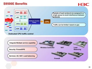S9500E Benefits

                 OSPF
                                                                      Packets of each protocol are assigned to a
                                                                      single queue to avoid interference between
                 ARP                                                  protocols

Traffic to CPU
Traffic to CPU
                       ...
                                   Software Control
                                        Policy              CPU
                 BPDU
                                                                       Traffic can be limited based on pps

                 ICMP



      Dedicated CPU traffic control




        Integrate Multiple service capability


                                                      Wireless Controller          NAT            Load
       Security: Firewall/IPS                                                                     Balancing



       Services: AC, NAT, Load balancing
                                                                        Firewall                  IPS




                                                                                                                   36
 