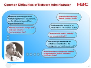 Common Difficulties of Network Administrator


                           farm
                     erver
              tion s
  WhileApplica are more applications
       there                                                 How to implement remote
  And higher performance requirements,                       disaster recovery of data?
  can the data center support future
  service development?
                                                  How to guarantee security of key
   What will be included in large- and            data that faces soft and hard faults?
   mid-scale networks?
   How to construct them?
                                                How to ensure network reliability
                                                and service continuity?


                                              How to manage the network in a
                                              unified manner and reduce the
                                              management and maintenance cost?


                                         How to address the compatibility problem
                                         of heterogeneous devices purchased
                                         at different times?




                                                                                          4
 