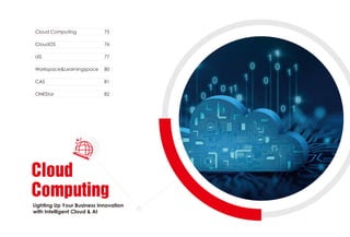 Lighting Up Your Business Innovation
with Intelligent Cloud & AI
Cloud
Computing
Cloud Computing
CloudOS
UIS
Workspace&Learningspace
CAS
ONEStor
75
76
77
80
81
82
 