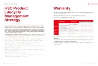 This warranty does not apply to any non-H3C products (third party hardware or software), consumables and
accessories.
The warranty starts on the 90th day after the date of the product shipment from H3C, or the date on which H3C
receives a service request for this product, whichever is earlier.
Limited Lifetime Warranty Parts shipment support is provided within 10 business day after RMA request
confirmed by H3C.
As a general rule, users can sign a new service contract with H3C within a year of the terminated products, and
users can also add the content not covered under the original service contract to the current contract. H3C will only
accept the renewal of the service contract, rather than signing a new contract after a year of the end of sale date.
For customers who have signed repair or replacement service contracts before the termination of hardware products,
they can renew the service period for up to four years after the end of sale, in order to prolong the service life of the
product, but the service will not extend beyond the last date of support. Renewal of the service contract will not be
available until the 4th year of the end of sale date.
For terminated Business Application products, H3C will provide up to two years of paid maintenance support
services, and the contract can be renewed in 2 years. In principle, the software maintenance support cannot last for
more than 2 years after the product was end of sale.
For the end of sale of Network Operating System, H3C will provide up to two years of paid services and provide
patches and bug fixes. H3C will release patch versions and report issues on the company's website regularly.
H3C will provide up to 5 years of paid customer support after the end of sale. The support includes:
Equipment installation, usage consultation, and remote troubleshooting assistance.
On-site support of equipment installation, commissioning, replacement, troubleshooting, and software upgrades.
Other contracts of services signed with H3C.
H3C will provide hardware maintenance and a spare part replacement service according to the service contract
within five years of the end of sale date.
If the parts are out of stock, H3C will provide similar alternatives.
If the maintenance product is not covered under the service contract, H3C can continue to provide paid support for
parts substitution with additional charges from the customer.
H3C Product
Lifecycle
Management
Strategy
H3C enterprise hardware products are generally covered by a one (1) year warranty. Several products have
extended warranty up to five (5) years.
For detail information about corresponding product, please refer to the official website policy.
https://www.h3c.com/en/d_202004/1281578_294551_0.htm
Warranty
Product Category Warranty Type
Warranty Period
90 Days 1 Year 3 Years 5 Years
Enterprise
Networking
SOHO Switches
H3
Care CT Foundation Basic
9X5 NBD-Ship Service
√
Router, Switches, Firewall √
WLAN AP, Campus
Switches & SMB Switches
Limited Lifetime Warranty
Basic 9x5
10BD-Ship service
√
Software
IMC/ADNet(seerEngine,
seerAnalyzer)
SW media replacement only
√
Enterprise
Rack Servers/
Blade Servers
H3
Care IT Foundation
NBD Onsite Service
√
Server
Warranty
Smart Connectivity
109 H3C Product Catalogue
H3C Product Catalogue 110
H3C Product Catalogue
H3C Product Catalogue
 