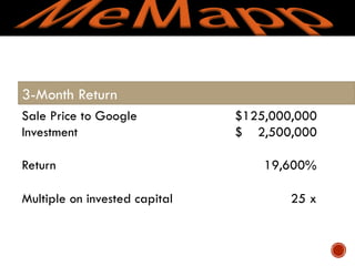 Sale Price to Google $125,000,000
Investment $ 2,500,000
Return 19,600%
Multiple on invested capital 25 x
3-Month Return
 