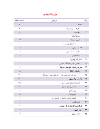 فهرست مطالب 
ردیف موضوع شماره صفحه 
1 مقدمه 7 
2 تعزیف عبیت صَ تًیک 7 
3 تعبریف 8 
4 عبیت صَ تًیک 12 
5 کز هٍ سَ مٍ بّ 13 
6 عبختوبى کز هٍ سَ مٍ 14 
7 کشت سلولی 16 
8 تک یٌک کؾت عل لَ 18 
9 رگًآهیشی 19 
11 آنالیش کاریوتایپ 21 
11 تص یَزعبسی ث کوک کبهپی تَز 23 
12 هیبزیدیشاسیون فلورسنت درجا 25 
13 تک یٌک FISH 28 
14 یّجزیذیشاعی ىَ درجب ثب ر ػٍ فل رَعظٌ چ ذٌر گًی 32 
15 فناوری میکزواری 34 
16 بً جٌّبری بّی کز هٍ سَ هٍی 36 
17 بً جٌّبری بّی عذدی 36 
18 ی پَل ئَیذی 37 
19 آ یً پَل ئَیذی 38 
21 بً جٌّبری بّی عبختبری کز هٍ سَ مٍ 42 
21 تًیج گِیزی 51 
22 نامگذاری تشکیلات کزوموسومی 52 
23 جنبه بالینی 55 
24 کبرثزد ثبلی یٌ 55 
 